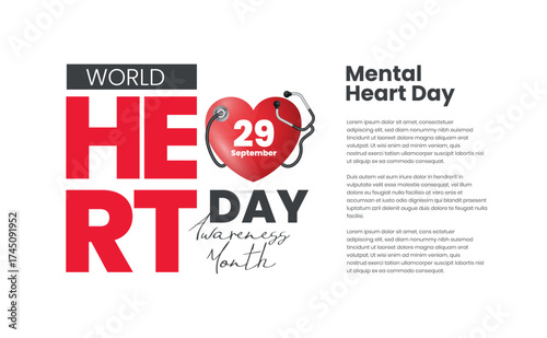World Heart Day is illustrated with hearts and text to raise awareness of heart health, which is celebrated every September 29th. to raise awareness of cardiovascular disease.