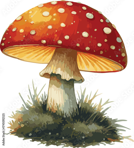 Vector watercolor painted illustration of a red amanita mushroom