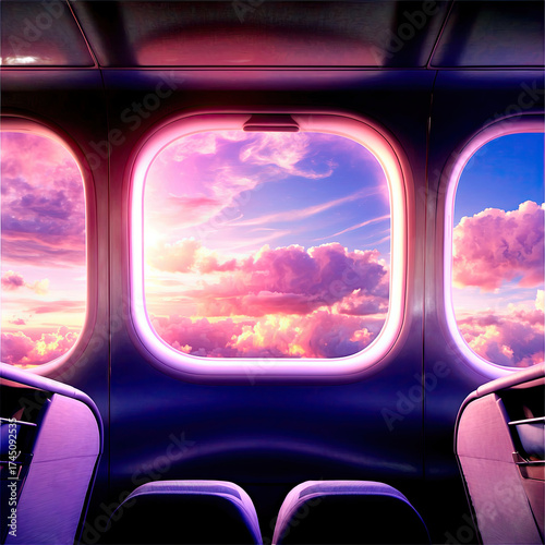 Dreamy sunset viewed from an airplane window. Pink and purple clouds fill the sky, creating a magical atmosphere. Perfect for travel and adventure themes.