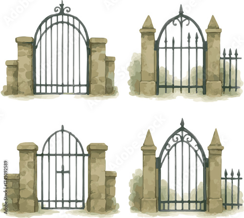 Watercolor vector illustrations of various cemetery gates