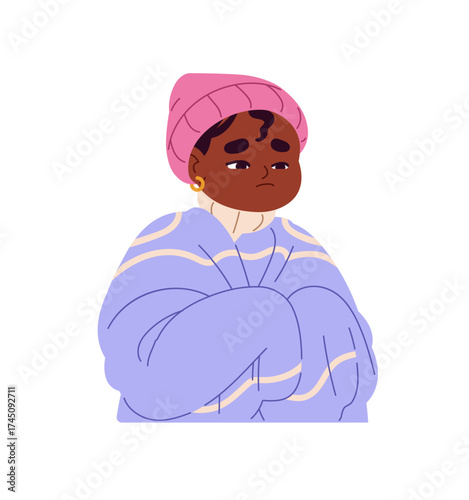 Ill little girl suffers from influenza, flu symptoms. Sick kid feels bad because of cold, grippe. Frozen child is wrapped in blanket to warm up. Flat isolated vector illustration on white background
