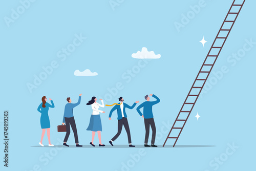 Climbing corporate ladder, job promotion or career growth, ladder of success, opportunity or challenge to grow career, businessman woman employee line up to climb corporate career ladder of success.
