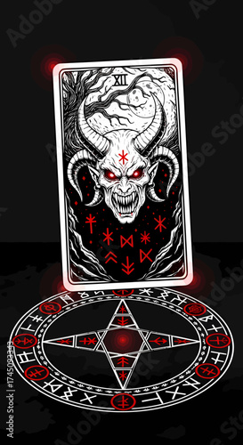 Occult Tarot Card Featuring Baphomet Demon Art with Glowing Pentagram Magic Circle