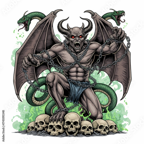 Fierce Demon Gargoyle Bound by Chains with Snakes and Skulls Illustration