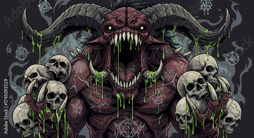 Fierce Demonic Monster with Horns and Dripping Slime Heavy Metal Album Art Style
