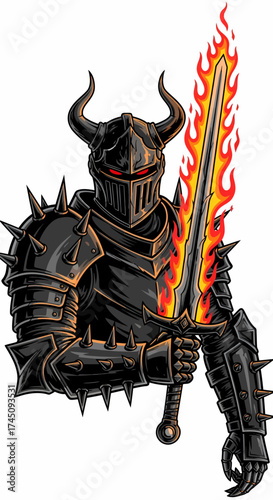 Fierce Black Knight in Spiked Armor Holding a Flaming Sword