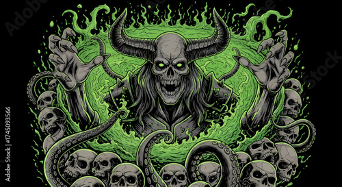 Dark Fantasy Skull Demon Mascot Emerging from Toxic Green Slime with Skulls