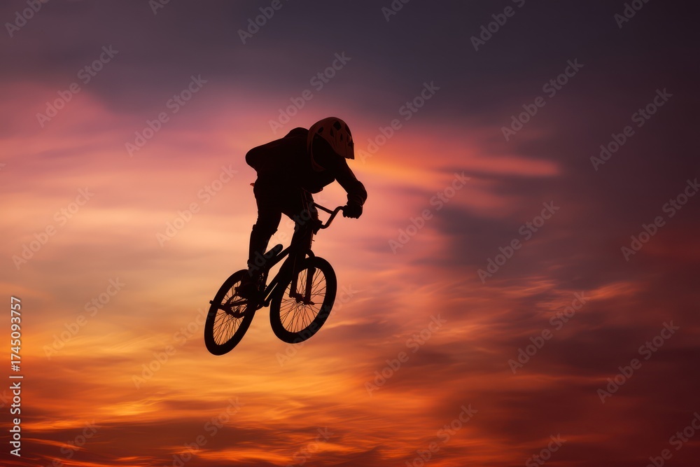 Fototapeta premium Silhouette of Man Doing BMX Jump Against Sunset Sky