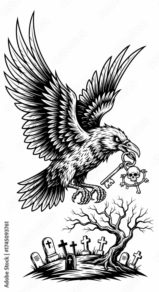 Obraz premium Raven Delivering a Skull Key over a Graveyard Vector Illustration