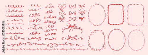 Set of hand drawn curves, swirls, curly, bows, ribbons, frames. Retro, vintage design elements for card, frame, invitation, logo. Hand drawn texture.