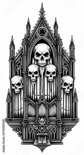 Ornate Gothic Pipe Organ with Skulls Dark Fantasy Vector Illustration