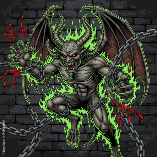 Terrifying Devil Cartoon Character with Chains and Green Fire Against Brick Wall