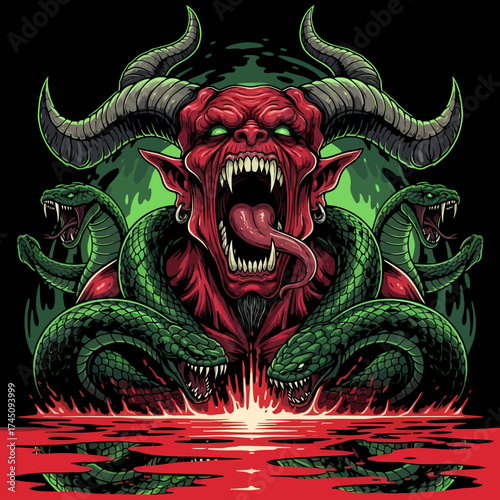 Illustration of a Red Demon with Snakes and Horns on a Black Background for Fantasy or Horror Designs