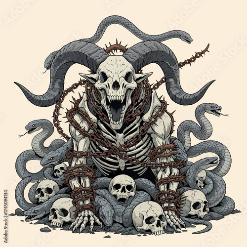 Intricate Vector Illustration of Demonic Skull Creature with Horns and Snakes Dark Fantasy Art