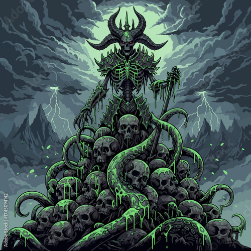 Epic Fantasy Illustration Demon Lord on Skull Throne Under Stormy Sky Fantasy Art