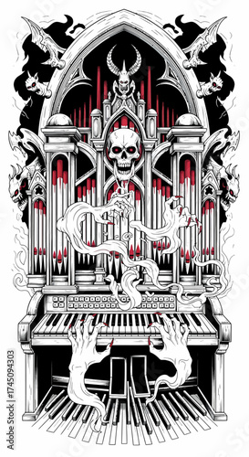 Gothic Organ Illustration Dark Fantasy Musical Instrument with Skull and Ghostly Hands