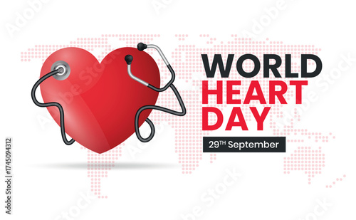 World Heart Day is illustrated with hearts and text to raise awareness of heart health, which is celebrated every September 29th. to raise awareness of cardiovascular disease.