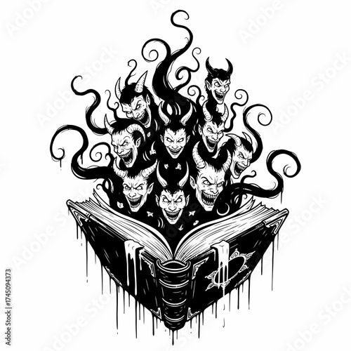Demons Emerging from a Spell Book Halloween Vector Illustration