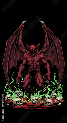 Terrifying Demon With Wings Standing Atop Skulls and Flames in the Dark