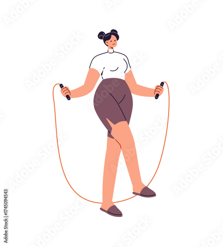 Happy young woman is skipping rope. Girl in sportswear jumps, hops, leaps, does cardio training. Athlete does sports exercises during workout. Flat isolated vector illustration on white background