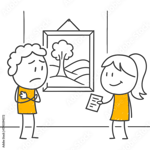 The Price of Art. The Purchasing Process Where the Buyer's Focus is the Invoice or Contract Details in Her Hand at the Moment the Artist Delivers or Introduces the Work.