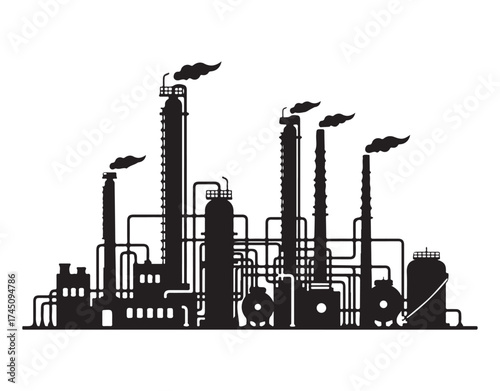 Silhouette of a chemical plant and petrochemical industry. An oil refinery structure shapes the petroleum sector. Vector design and illustration of refinery equipment, steel pipelines, and oil storage