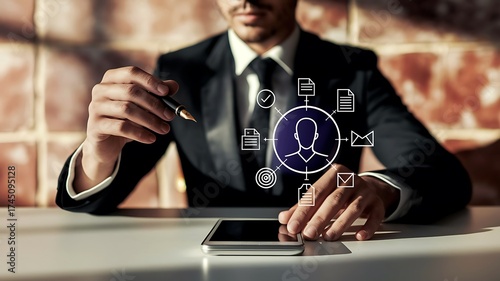 A businessman using smart technology to verify digital identity, KYC documents, and approve online profiles, representing secure authentication and onboarding in digital business platforms.