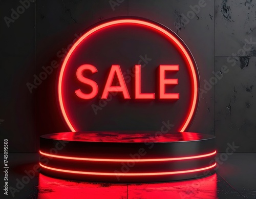Vivid red neon sale sign brightly illuminates a minimalist dark product display podium, creating an eye catching modern marketing background for promotions.