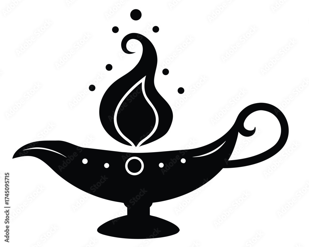 Fototapeta premium Stylized ornate oil lamp silhouette with fiery emblematic flame