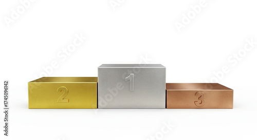 A silvercolored podium with gold and bronze platforms labeled 1 2 and 3