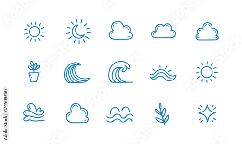 Weather Icons Sun, Moon, Clouds, Waves, and Plant in Hand-drawn Style