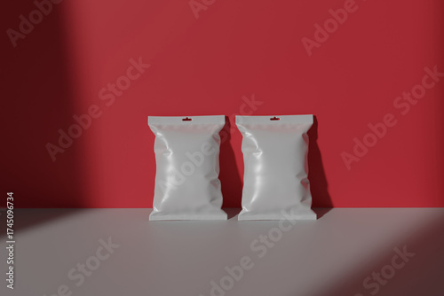 3D render of blank white food packaging with window light and red-white background