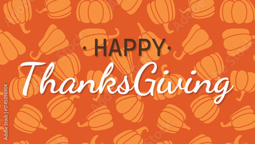 Thanksgiving greeting banner with pumpkins. Horizontal layout with pumpkin pattern and text. Vector graphic