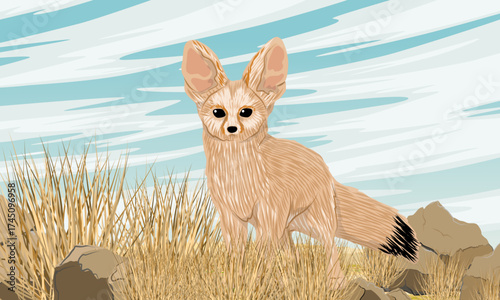 A fennec fox stands in dry grass. Desert wildlife. Realistic vector landscape.