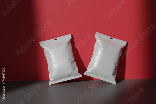 3D render of blank white food packaging with window light and red-white background