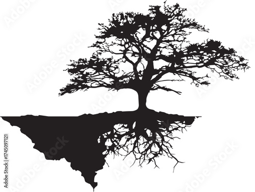 Lone Tree with Roots Gripping Steep Cliffside 2D Vector Line Art