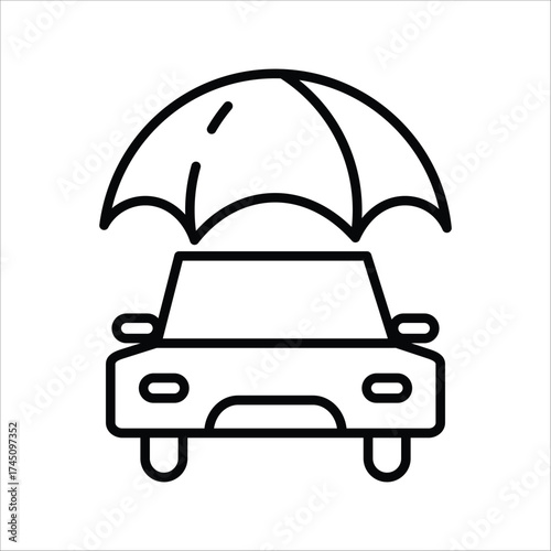 Car insurance service icon representing vehicle protection and auto safety under an umbrella, a concept for financial security and coverage policy line art