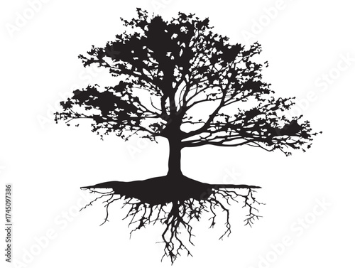 Scenic Tree with Roots Embracing Rolling Hillside 2D Vector Line Art