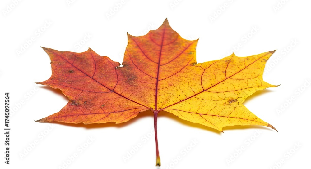 Obraz premium An autumn maple leaf with red and yellow hues on a white background
