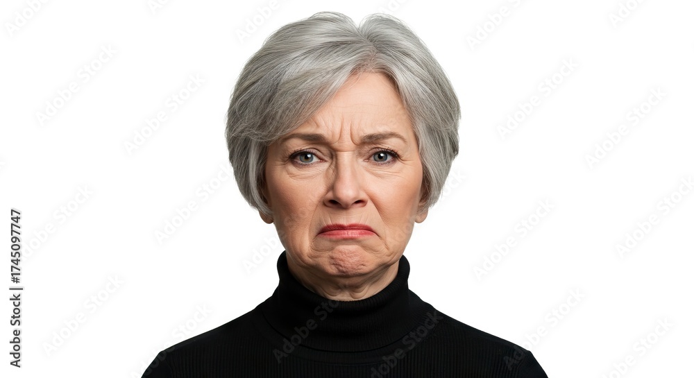 Obraz premium An elderly woman with short gray hair wearing a black turtleneck displays a facial expression of disapproval or disgust