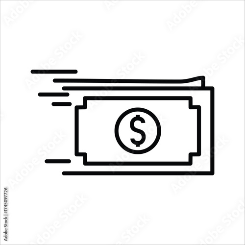Fast money transfer icon. Outline symbol of a dollar bill with speed lines for quick payment, cash flow, and financial transaction. Vector illustration for finance and business concepts