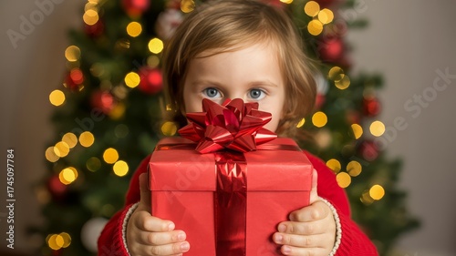 Child in red sweater holding festive gift box with satin bow against warm bokeh lights and cozy Christmas tree glow