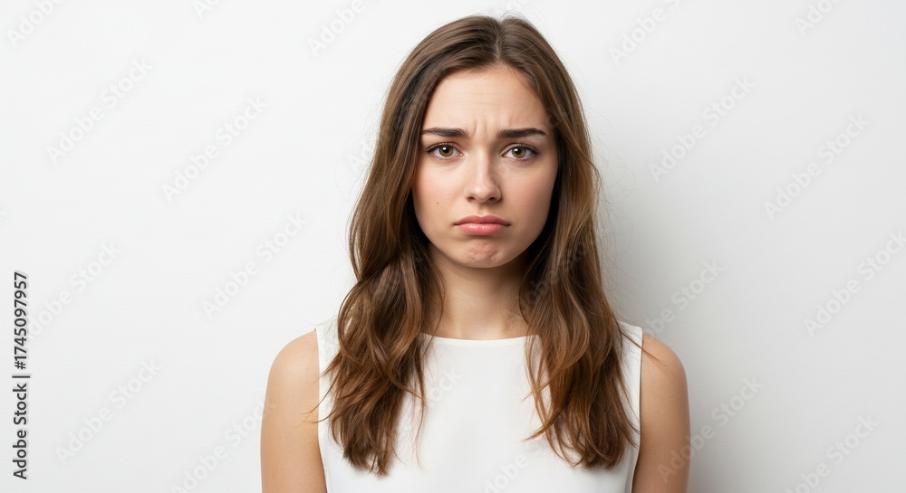 Fototapeta premium Woman with brown hair and a sad expression wearing a white top