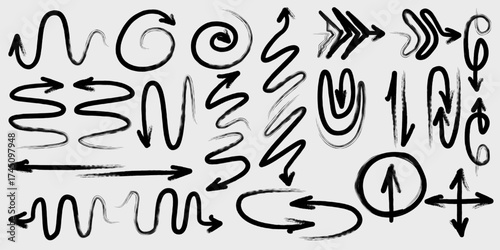 A versatile collection of roughly sketched, winding, curved, and stylized arrows pointing in various directions, suitable for adding a playful or emphatic design element.