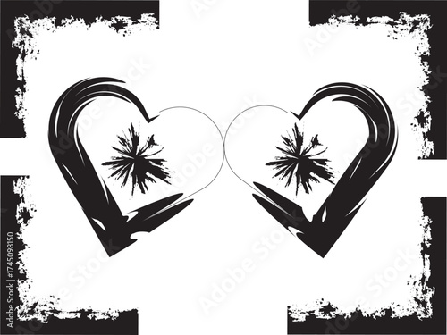 Abstract black ink heart design with grunge border and splash texture, Artistic love heart illustration with bold brush strokes and splatter effect, Modern black and white romantic heart shape 