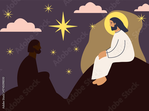 Jesus Christ sitting on the rock talking to His disciple. Starry night, peace and silence around them. Vector illustration