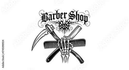 Grunge Vintage Barber Shop Equipment with Skeleton Hand Illustration Design