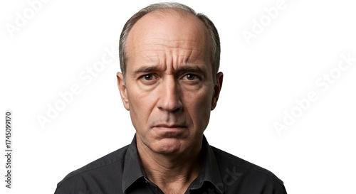 A headshot of a middleaged man with a concerned expression against a white background