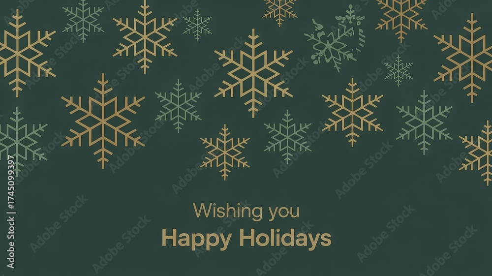 Fototapeta premium Elegant forest green holiday card with gold and turquoise snowflakes in a clean festive layout.