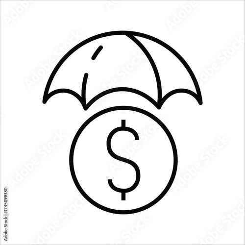 Financial protection and investment security icon. Simple line art symbol of a dollar coin under an umbrella, representing wealth management and insurance